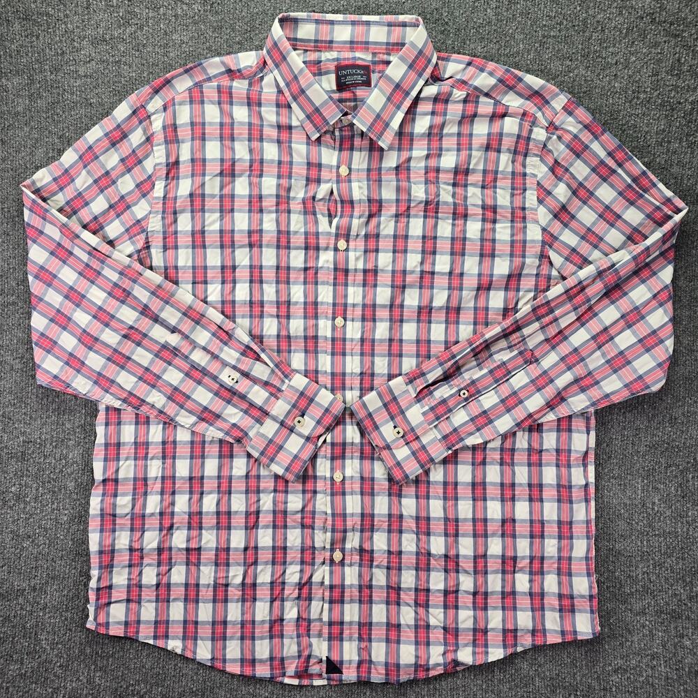 Untuckit Shirt Mens XXL Pink Navy Plaid Long Sleeve Performance Stretch Office